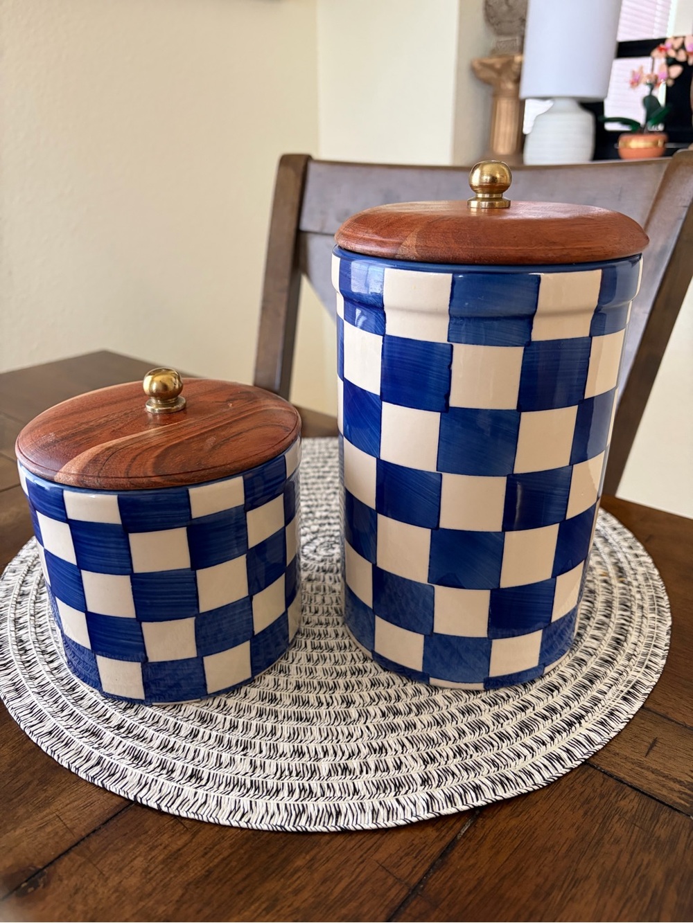 Blue and Cream Checker Canister Set with Wood Lids
